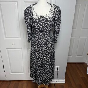 Paquette Too Vintage 80s Floral Modest Lace Collar Church Dress Black White 10
